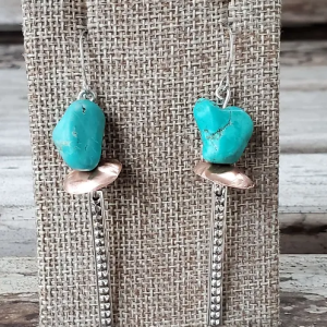 Sterling Silver Earrings stacked with dyed turquoise stones, copper discs and textured sterling silver wire on french wire.