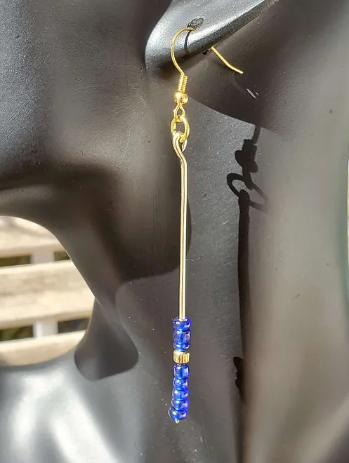 Long Jeweler's Brass Wire Earrings with Small Blue and Gold Beads on French Wire