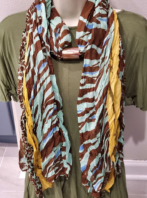 Copper Embellishment for Blue and Brown Animal Print Bordered in Yellow Scarf. Scarf included. Shown on mannequin.