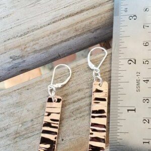 Long Copper Textured Rectangles on Sterling Silver Level Back Earrings shown next to ruler to show length is roughly 2.25"