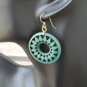 Green Round Patterned Wood Discs on Golden French Wire Earrings shown on mannequin