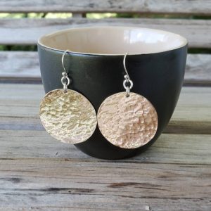 Round Hammered Sterling Silver Disc Earrings on Sterling Silver French Wire