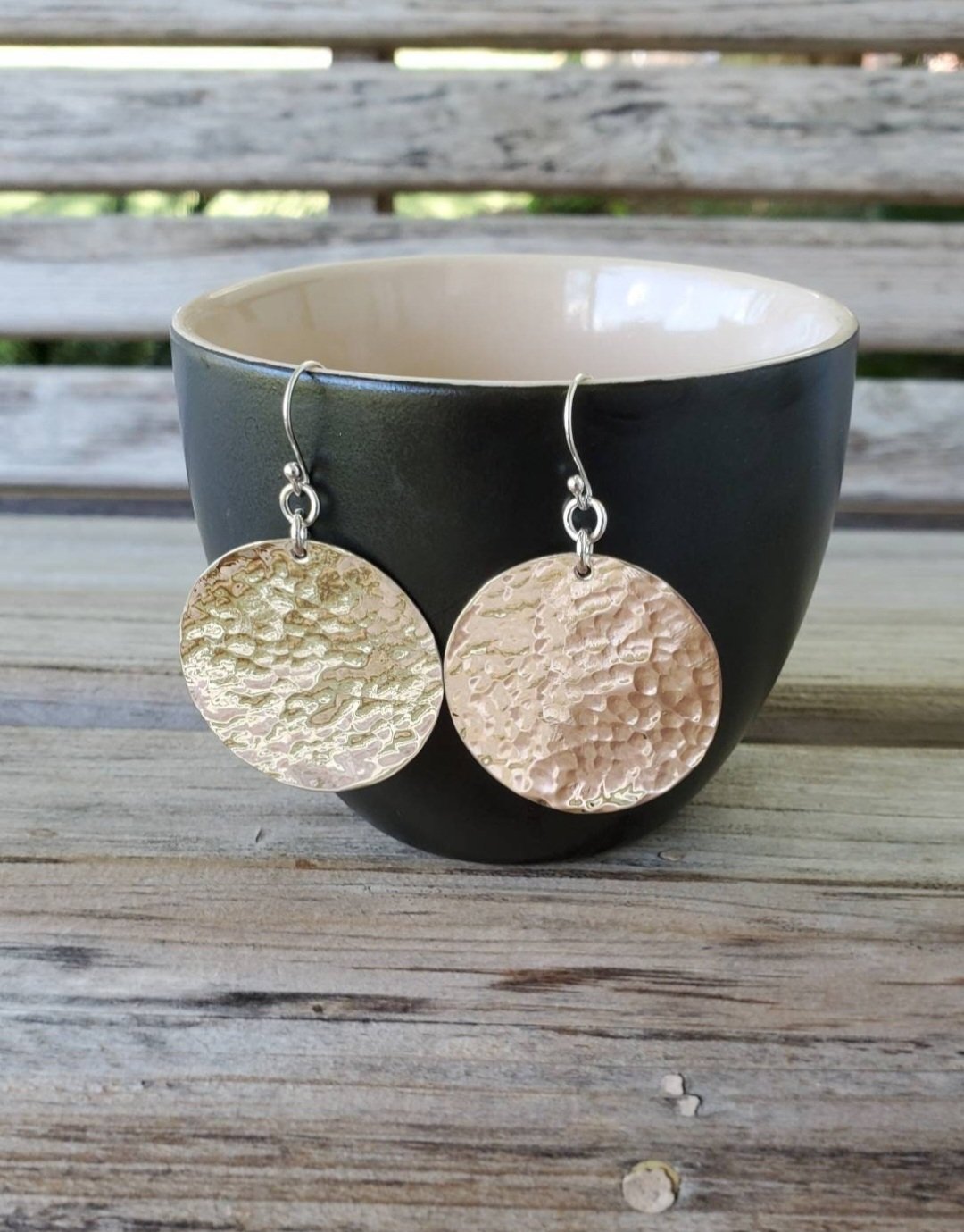 Round Hammered Sterling Silver Disc Earrings on Sterling Silver French Wire