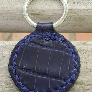 Round Blue Genuine American Alligator Leather Stainless Steel Key Ring