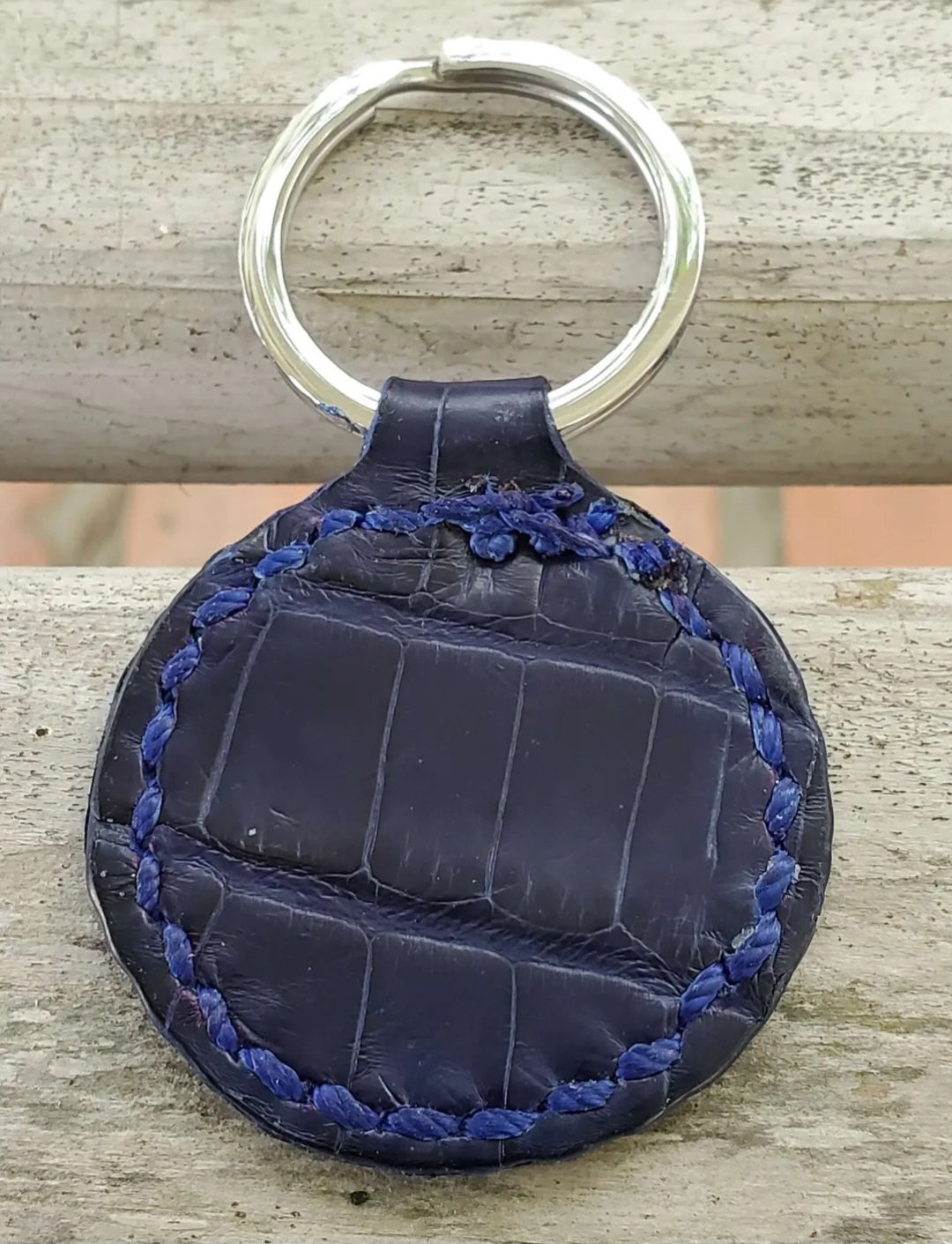 Round Blue Genuine American Alligator Leather Stainless Steel Key Ring