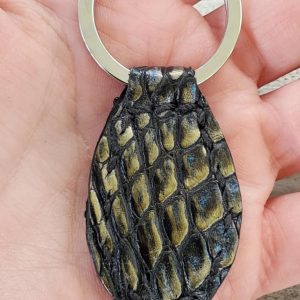 Blue and Gold Shimmery Genuine American Alligator Leather Stainless Key Ring shown in model's hand